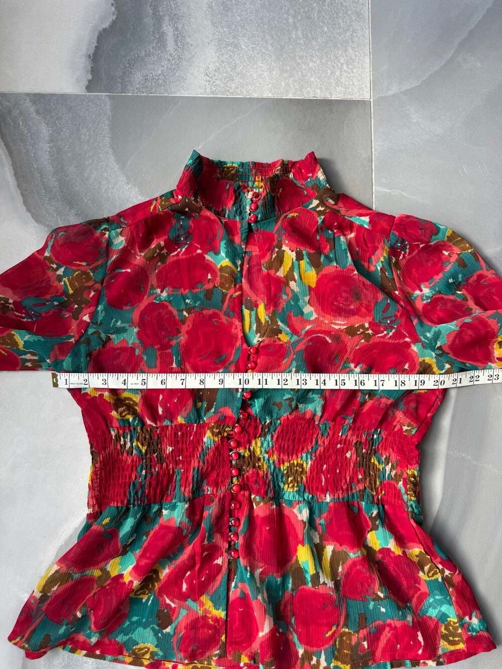 Sexy metrostyle Floral Print Mock Neck Smocked Waist Blouse Size 14 - Picture 7 of 8